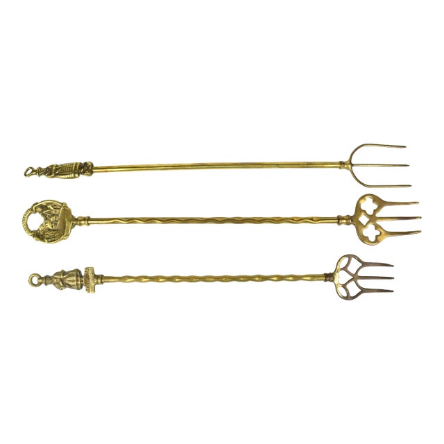 19th Century English Solid Brass Fireplace Toasting Forks - 3 Pieces For Sale