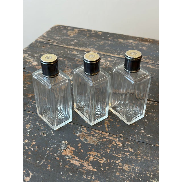 Vintage French Monogrammed Cut Glass + Silver Perfume / Liquor Bottle Travel Set in Leather Case, Circa 1920s For Sale In New York - Image 6 of 12