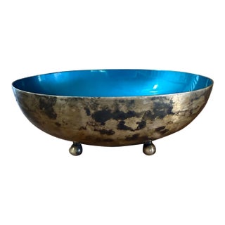 Mid-20th Century Reed & Barton Silver Plate Oval Bowl With Blue Enamel Interior For Sale