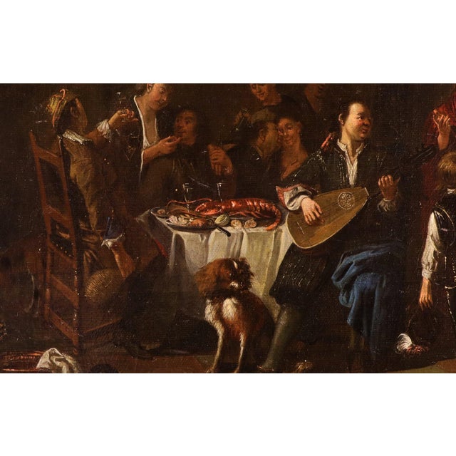 Pieter Angillis, Banquet and Brawl, 1720, Oil on Canvases, Framed, Set of 2 For Sale - Image 7 of 15