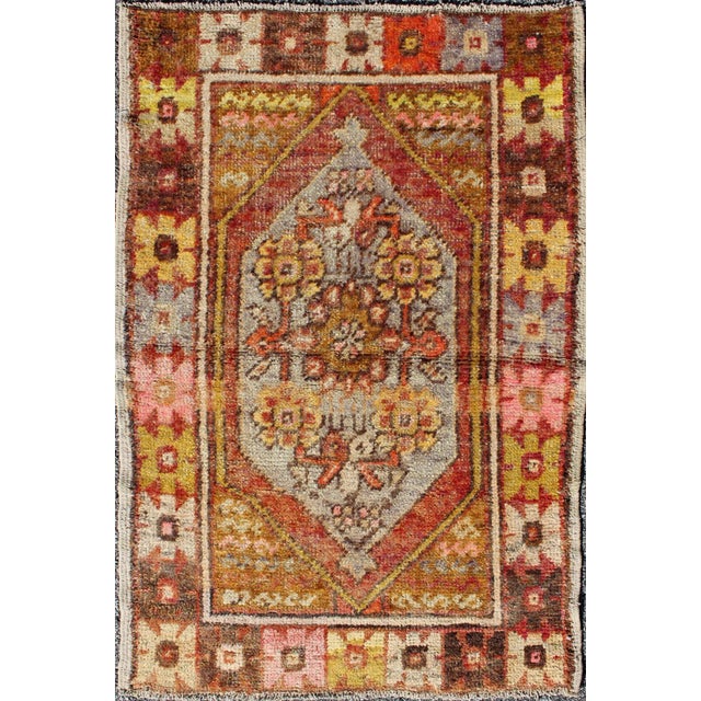 Textile Colorful Vintage Turkish Small Oushak With Floral Medallion and Border For Sale - Image 7 of 7