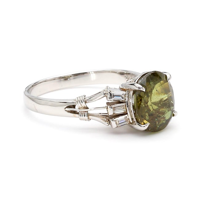 Art Deco Gia Certified 2.62 Carat Oval Green Alexandrite & Diamond Platinum Vintage Ring, Size 5.75 For Sale - Image 3 of 12
