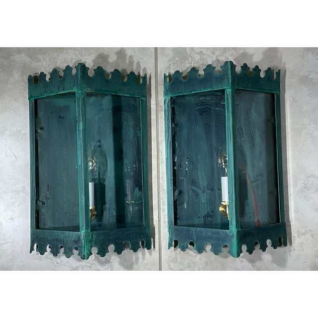 Pair of Artistic Vintage Patinated Metal Wall Lantern Sconces For Sale - Image 4 of 12