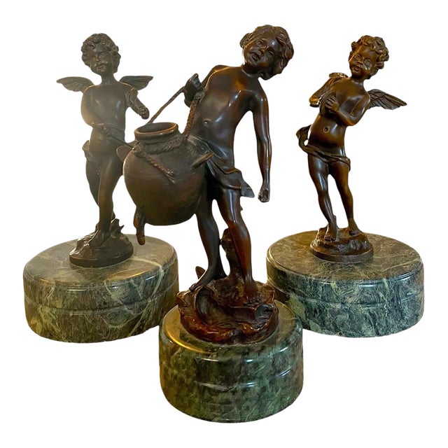 Late 20th Century French Style Bronze Putti Trio After Auguste Moreau, Marble Bases For Sale