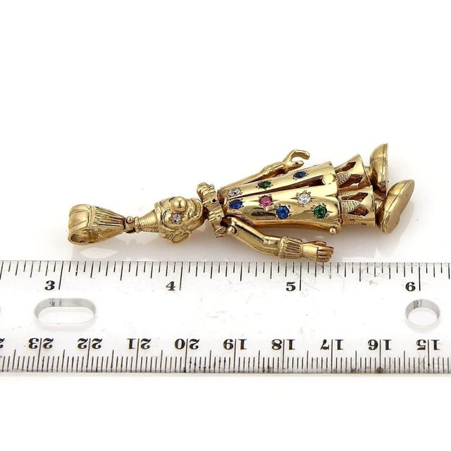 Mid 20th Century Diamond & Gems 9k Yellow Gold Animated Large Clown Charm Pendant For Sale In Miami - Image 6 of 6