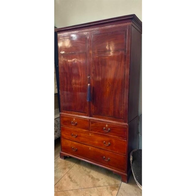 Traditional Antique 18c Flame Mahogany Inlaid Linen Press Armoire Cupboard For Sale - Image 3 of 4