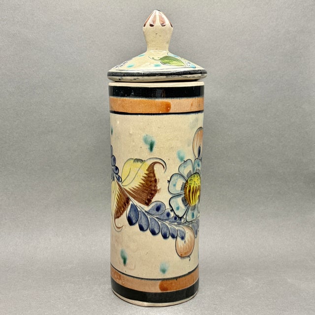 Vintage Cat Tonalá Mexico Hand Painted Floral Ceramic Lidded Canister For Sale - Image 4 of 8