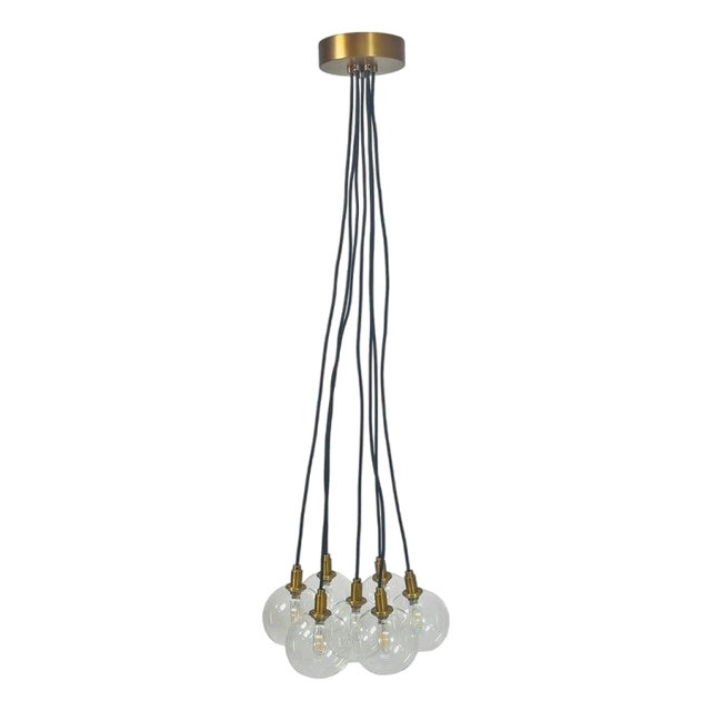 Modern 7-Light Cluster Chandelier With Oversized Glass Globes and Satin Brass Ca For Sale