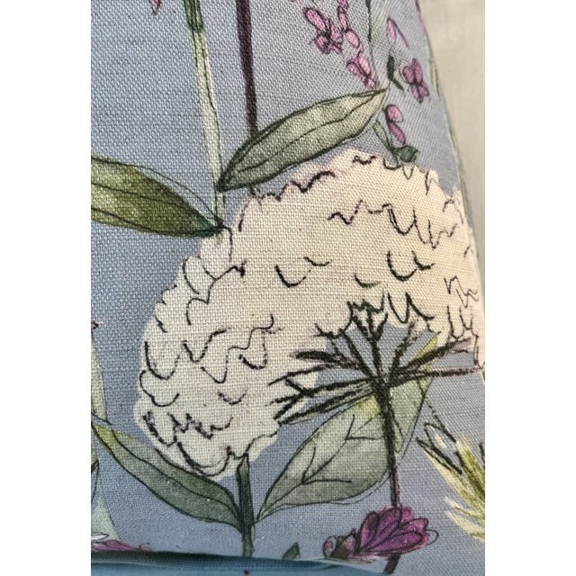 Large Bolster Pillow Decorated With a Mid Century Modern Floral Pattern of Pinks, Blues & Whites on a Flirty Periwinkle Background - Made in the U K For Sale - Image 4 of 12