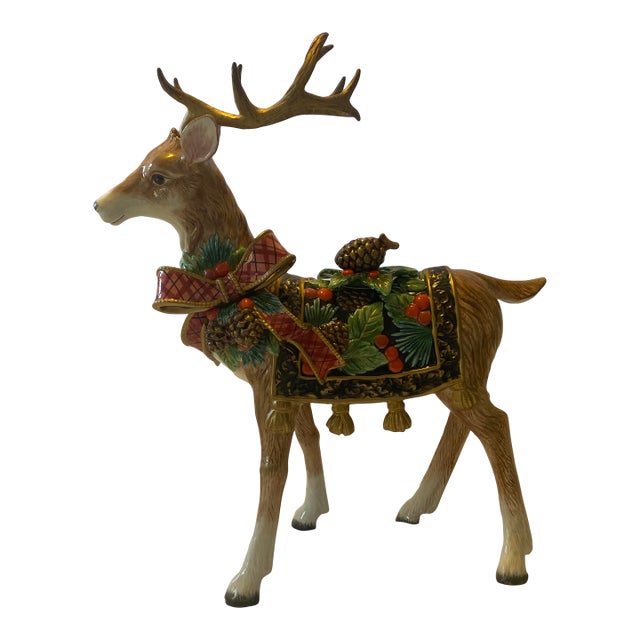 1990s Fitz and Floyd Holiday Pine Standing Reindeer Candle Holder Retired For Sale