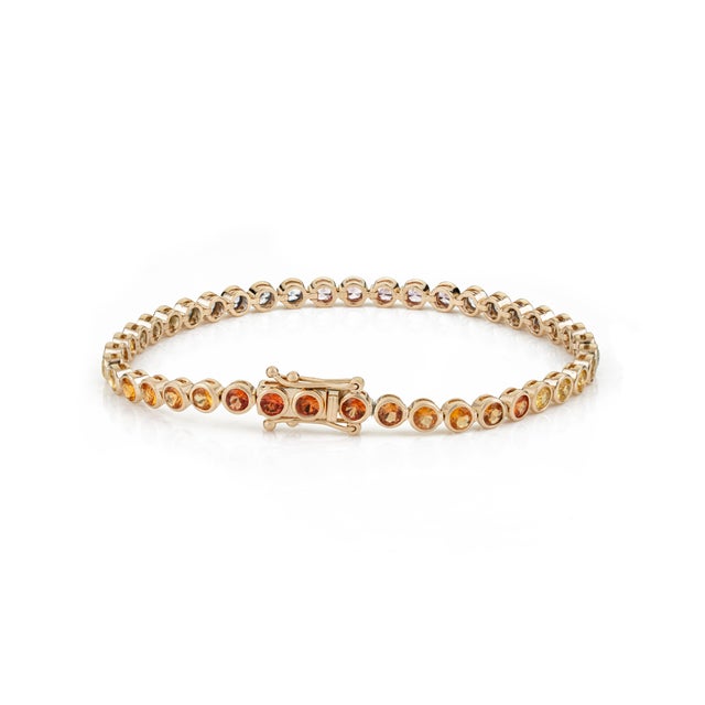 Yellow 6.02ct Round Cut Multi Sapphire Bezel-Set Tennis Bracelet in 14k Yellow Gold For Sale - Image 8 of 14