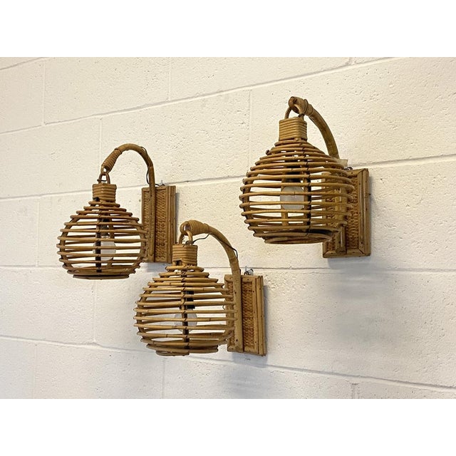 Mid-Century Modern Wall Lamps in Wicker and Bamboo, 1970s, Set of 3 For Sale - Image 3 of 14