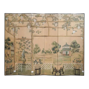 Mid 20th Century Chinoiserie Hand-Painted Six Panel Screen With Flowers and Landscape