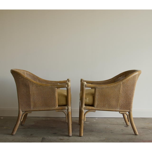 Late 20th Century Pair, Soft Yellow Butterfly Motif McGuire Double Cane Barrel Back Club Chairs, Late 20th Century For Sale - Image 5 of 9