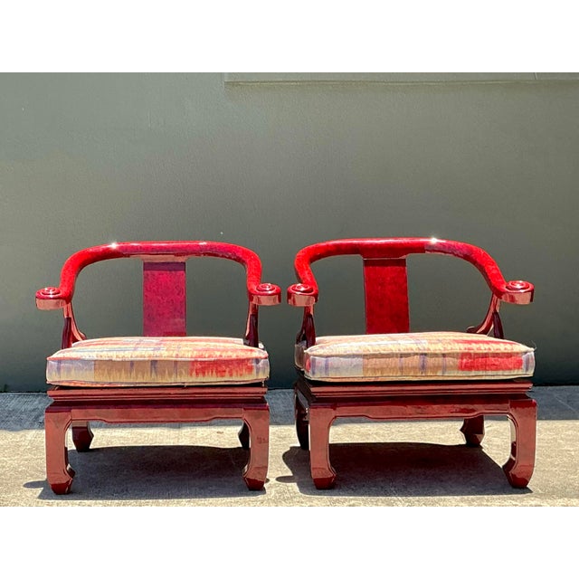 Vintage Candy Apple Lacquer Horseshoe Chairs After James Mont - A Pair For Sale - Image 10 of 12