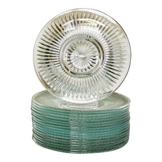 1980s Vintage Starburst Pressed Cut Glass Dinner Plates by Kedaung Industrial Group- Set of 18 For Sale