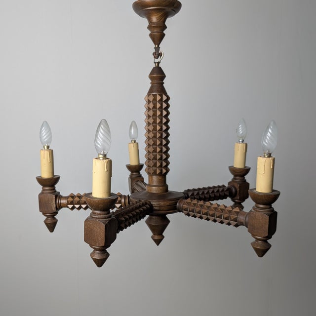 Brown French Brutalist Carved Wood Chandelier by Charles Dudouyt, 1940s For Sale - Image 8 of 15
