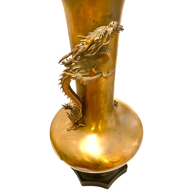 Japanese Antique Japanese Bronze High Relief Dragon Lamp Large 36" Meiji Period With Engraved Base For Sale - Image 3 of 18