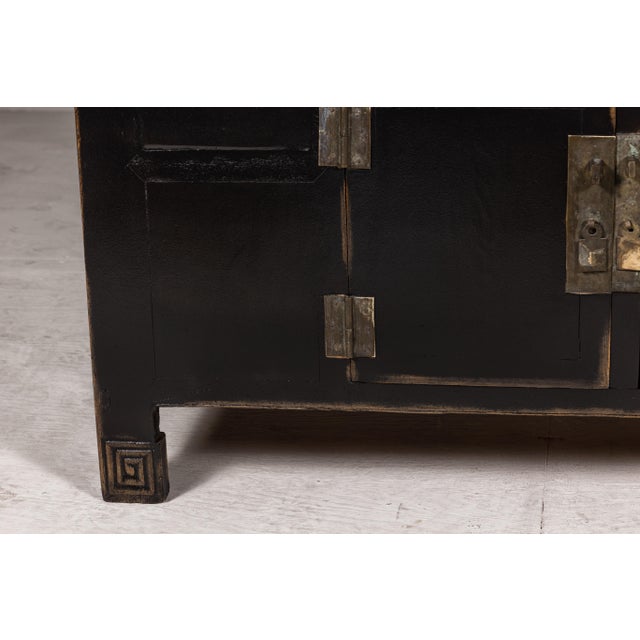 Black Lacquer Sideboard with Rubbed Edges, Brass Hardware, Doors and Drawers For Sale - Image 11 of 12