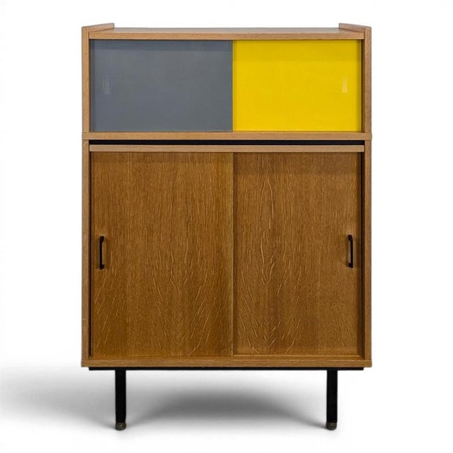 Modernist Side Table with Grey and Yellow Glass Doors in Oak Veneer For Sale - Image 9 of 9