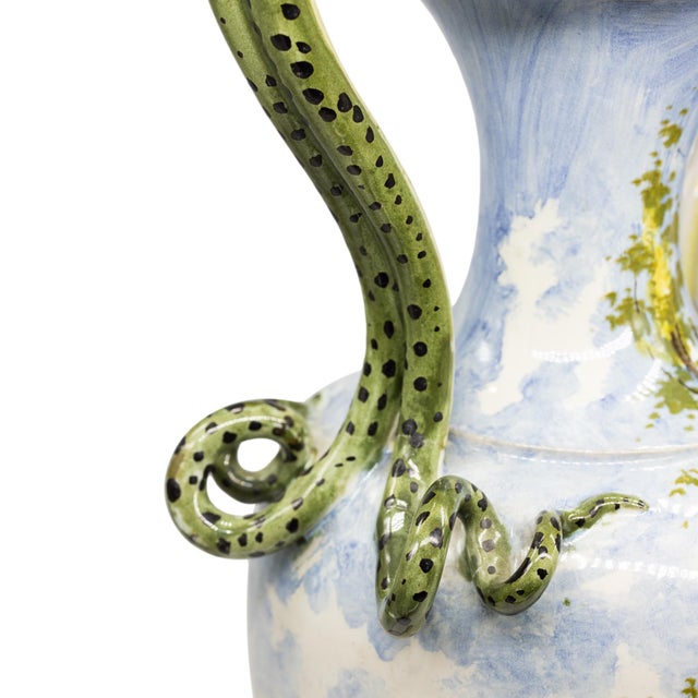 Green Pair of Italian Maiolica Vases, Coiled Snake Handles, Ca. 1880 For Sale - Image 8 of 10