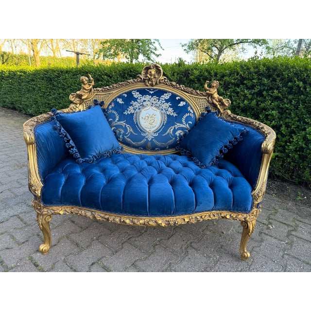 1940 French Louis XVI Gold Beech Blue Velvet Settee For Sale - Image 13 of 18