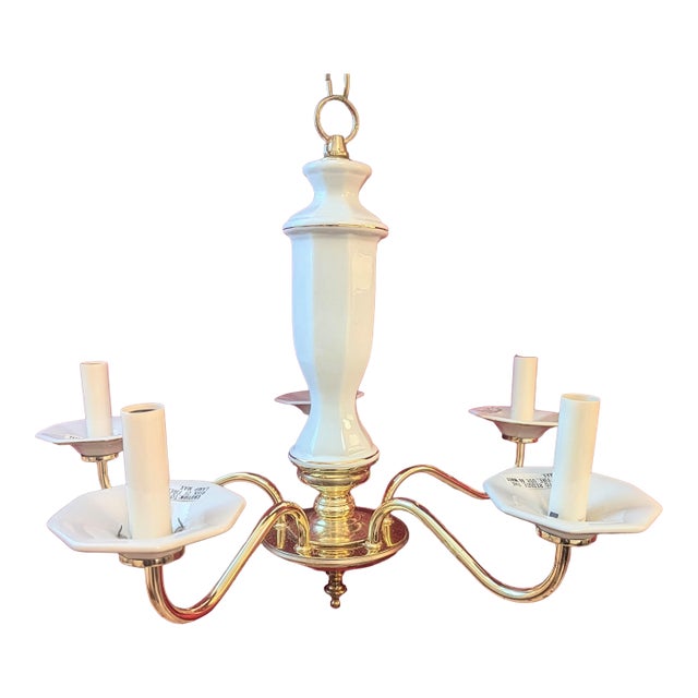 Vintage Brass & White Porcelain 5-Light Chandelier Gilded Georgian For Sale