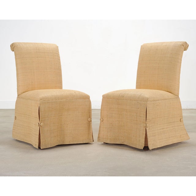 Pair of Skirted Scroll-Back Woven Raffia Slipper Chairs For Sale - Image 4 of 18