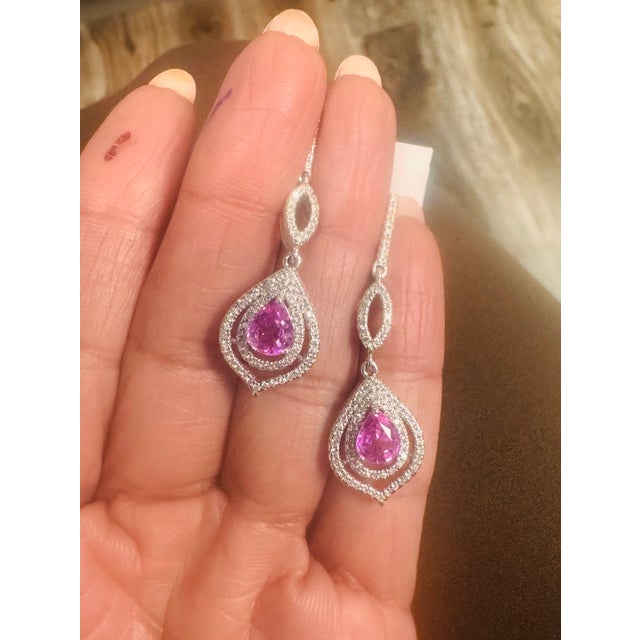 Metal 2.90 Carat Pink Sapphire Diamond Drop Earrings, A Pair For Sale - Image 7 of 8