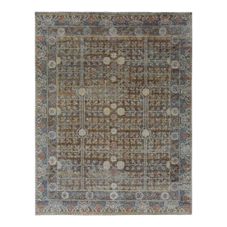 Rug & Kilim’s Oversized Block Print Rug in Brown and Blue with Geometric Florals - 13x19 For Sale