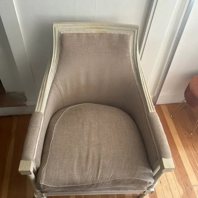 Antique French Country Accent Armchair. Comfy. Vintage. Custom Beige Linen and Painted Wood. Some wear/tear. Used.