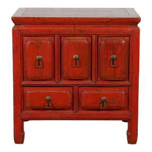 19th Century Chinese Qing Dynasty Red Lacquer Five Drawer Side Chest