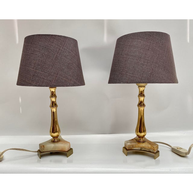 Metal Vintage Onyx Brass and Gilt Table Lamps, 1970s, Set of 2 For Sale - Image 7 of 7