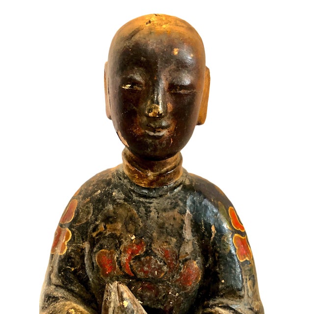 Wood Chinese Qing Dynasty Lacquered and Polychrome Wood 18" Figure With a Deer For Sale - Image 7 of 13