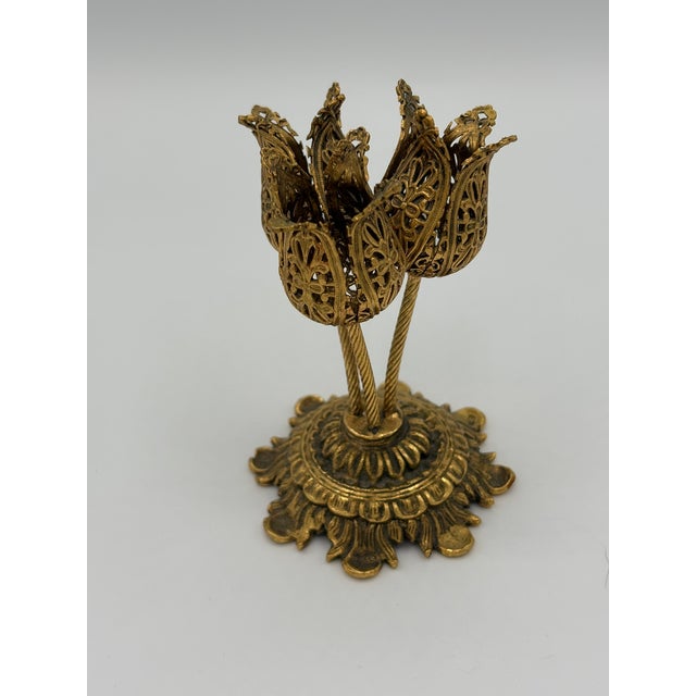 Vintage Gold Filigree Tulip Flower Lipstick Holder Vanity Accessory & Storage For Sale In Miami - Image 6 of 10