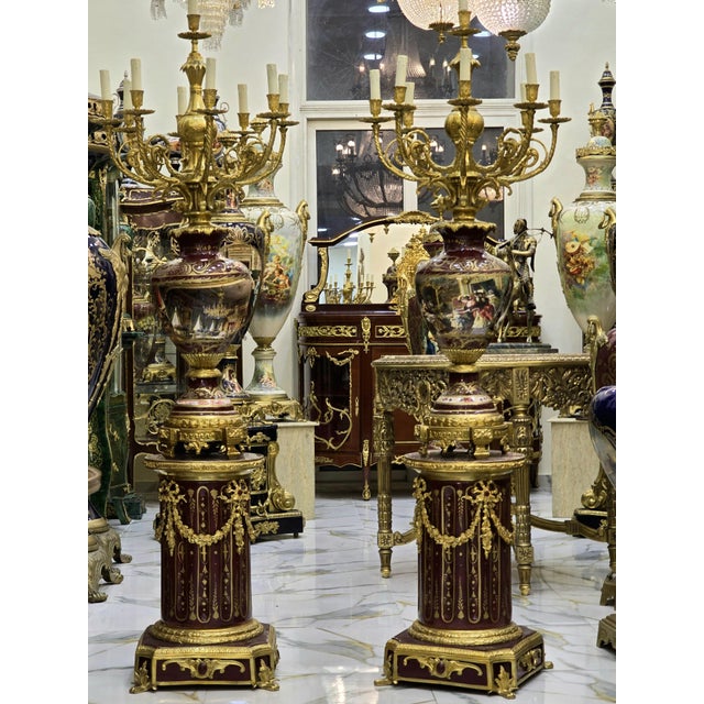 2010s Pair of Magnificent Louis XVI-Style Porcelain Candelabras – Hand-Painted With Gilded Bronze Accents For Sale - Image 5 of 7