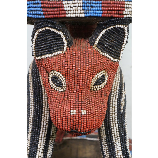 Late 20th Century African Cameroon Bamileke Tribal Beaded Zoomorphic Side Table Stool 16" For Sale - Image 11 of 16
