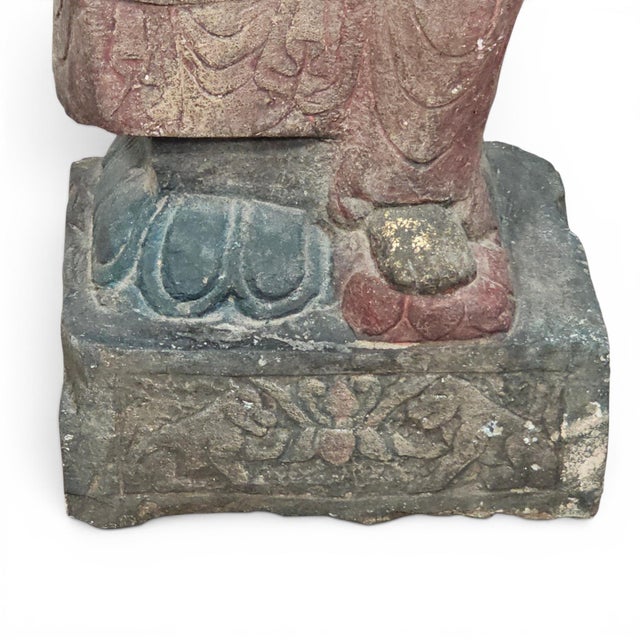 Asian Polychrome Seated Bodhisattva Sculpture on Lotus Base 23" For Sale - Image 4 of 17