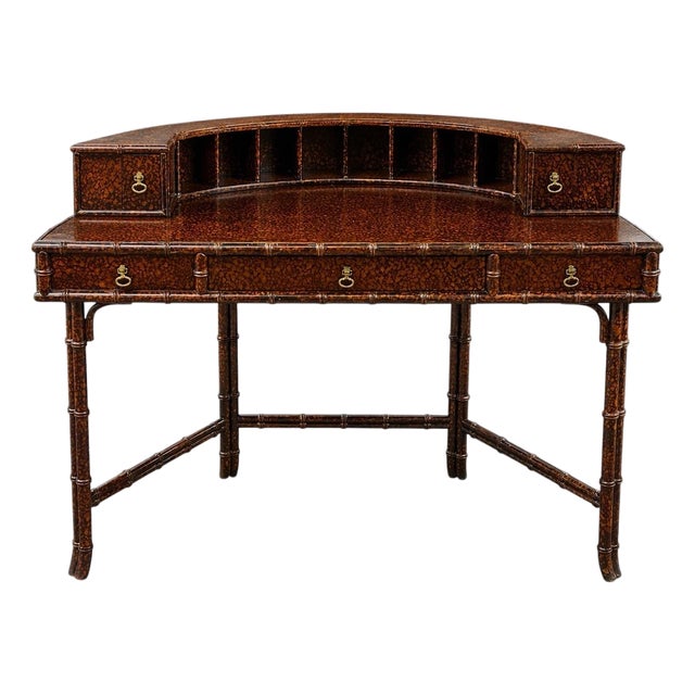 1990s Regency Style Faux Bamboo & Tortoise Lacquer Carlton House Rattan Desk or Vanity For Sale