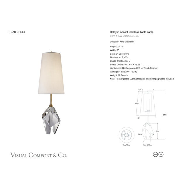Kelly Wearstler by Visual Comfort Signature Halcyon Accent Cordless Table Lamp in Crystal with Linen Shade Designer: Kelly...