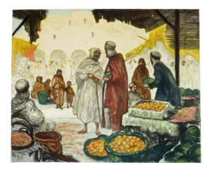 William Adolphe Lambrecht Hand Colored Etching Souk A’ Gabes Tunisia
