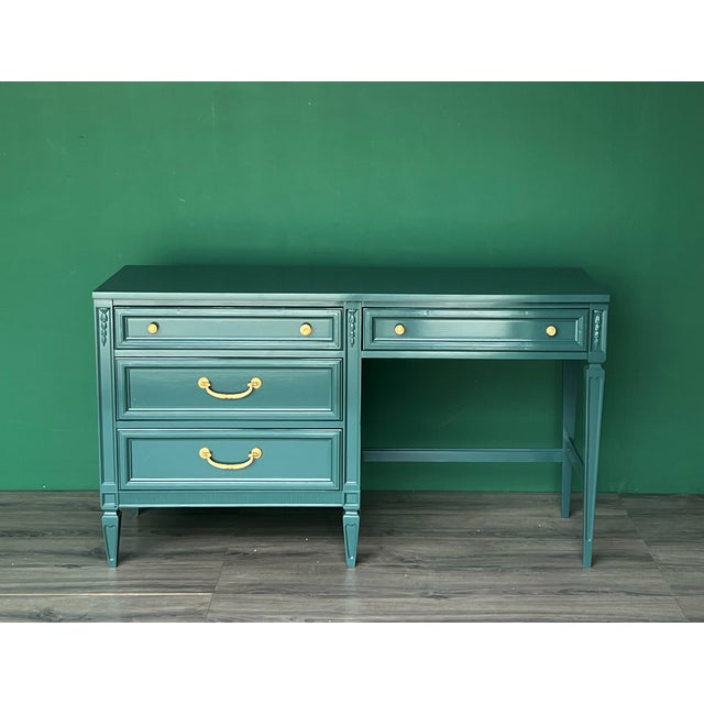 Wood Mid-Century Forrest Green High Gloss Lacquered Desk of Four Drawers For Sale - Image 7 of 11