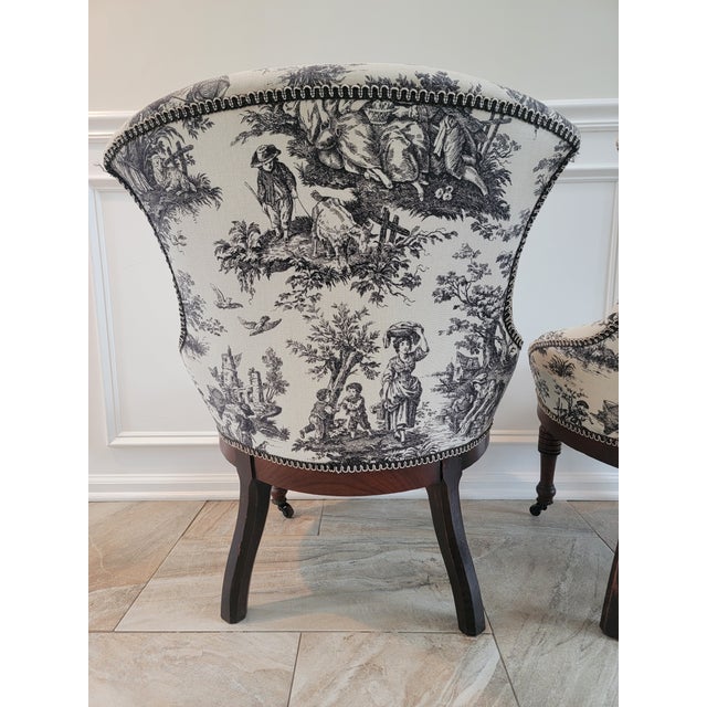 Antique Victorian Toile Upholstered Parlor Slipper Chairs on Casters – A Pair For Sale - Image 14 of 17