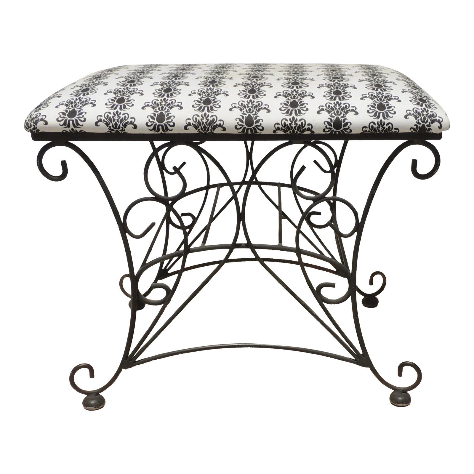 Contemporary Black & White Wrought Iron Upholstered Vanity Stool Bench