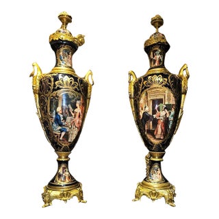 French Sevres-Style Black Porcelain Vase With Pedestal – Victorian Court Scenes & Gilded Details For Sale