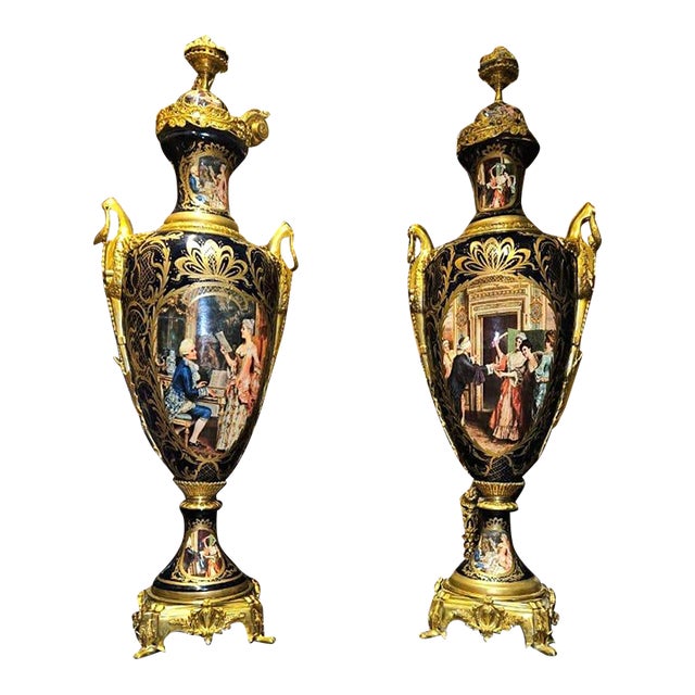 French Sevres-Style Black Porcelain Vase With Pedestal – Victorian Court Scenes & Gilded Details For Sale