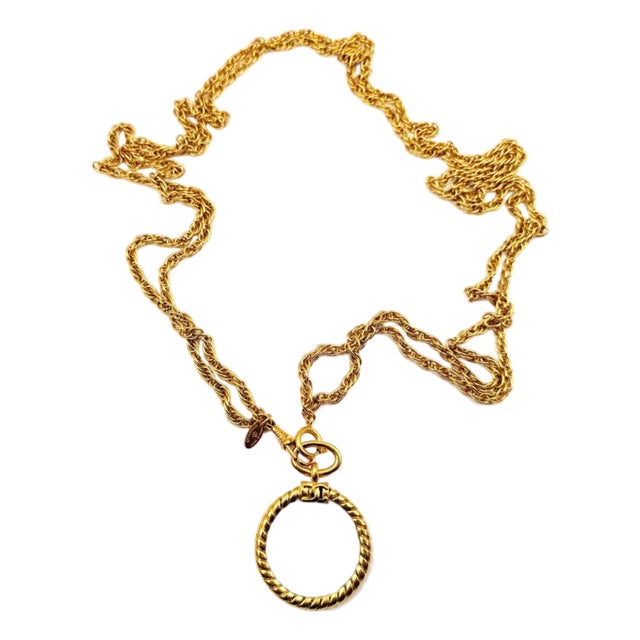 1990s Chanel Vintage Gold Plated CC Magnifying Glass Double Chain Long Necklace For Sale