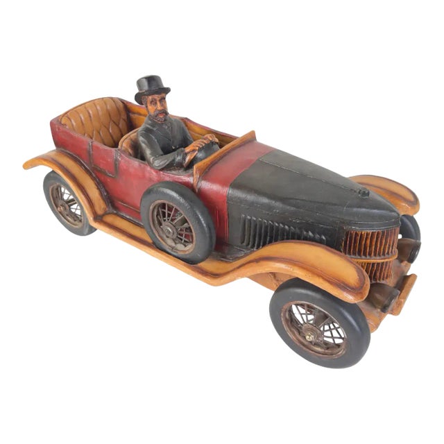 Antique 1913 Model Touring Car and Driver Wooden Hand Painted Sculpture For Sale