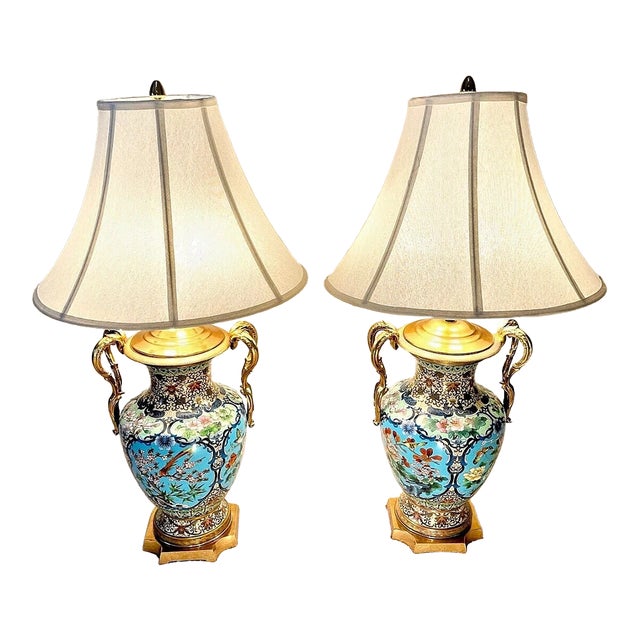 Late 20th Century Marbro Lamp Co Cloisonne Gilded Ormolu French Museum Quality Retired - a Pair For Sale