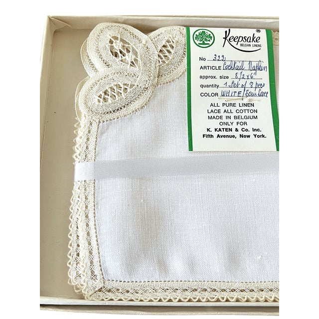 Linen 1950s Fine Belgian Linen & Lace Cocktail Napkins for K. Katen — Boxed Set of 8 For Sale - Image 8 of 9